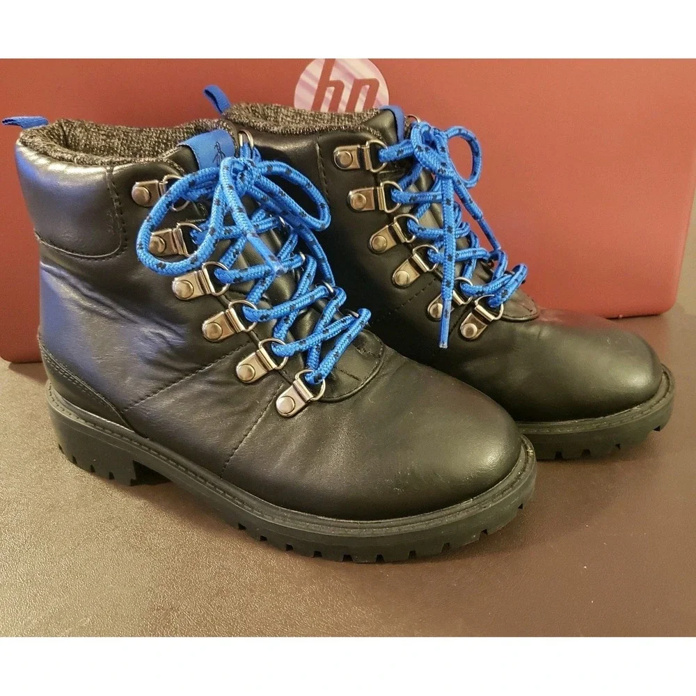 Original Penguin By Munsingwear Kids US 1 Black Leather Lace Up Boots Hiking